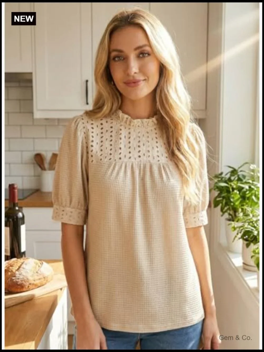 Waffle Knit Frill Trim Mock Neck Puff Sleeve Blouse Top - Picture 4 of 7